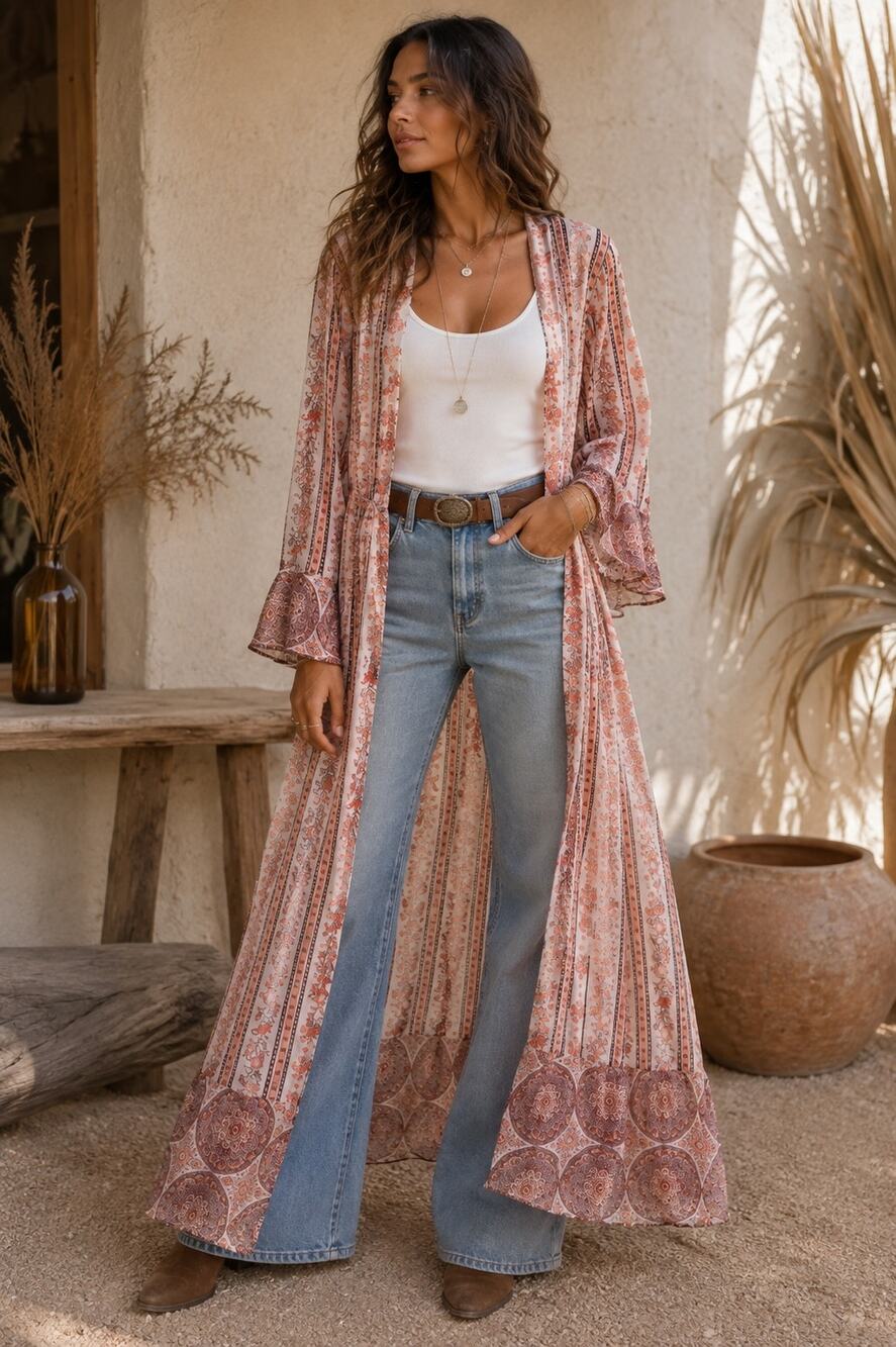 Forever 21 Chiffon Boho Duster Dress Paisley Floral Tie Waist Size Small